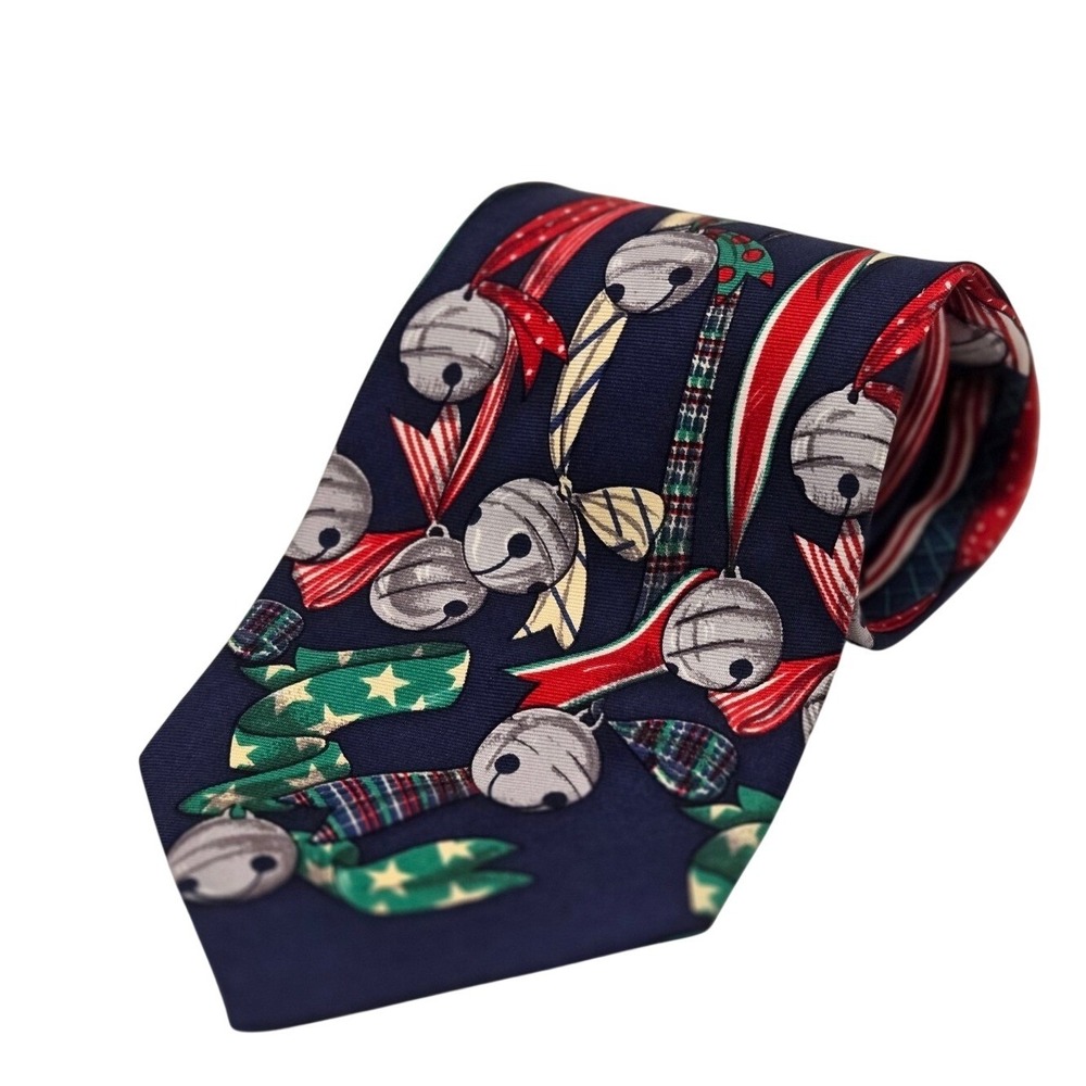 CC Hughes Mens Necktie Navy Blue Silk Christmas Jingle Bells Holiday Festive